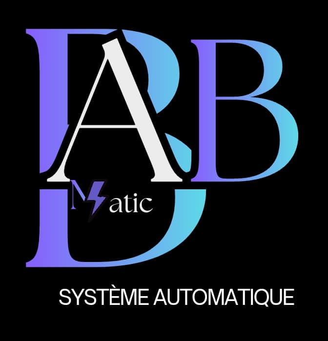 Logo AB Matic stylisé bleu et violet avec mention Système Automatique sur fond noir.