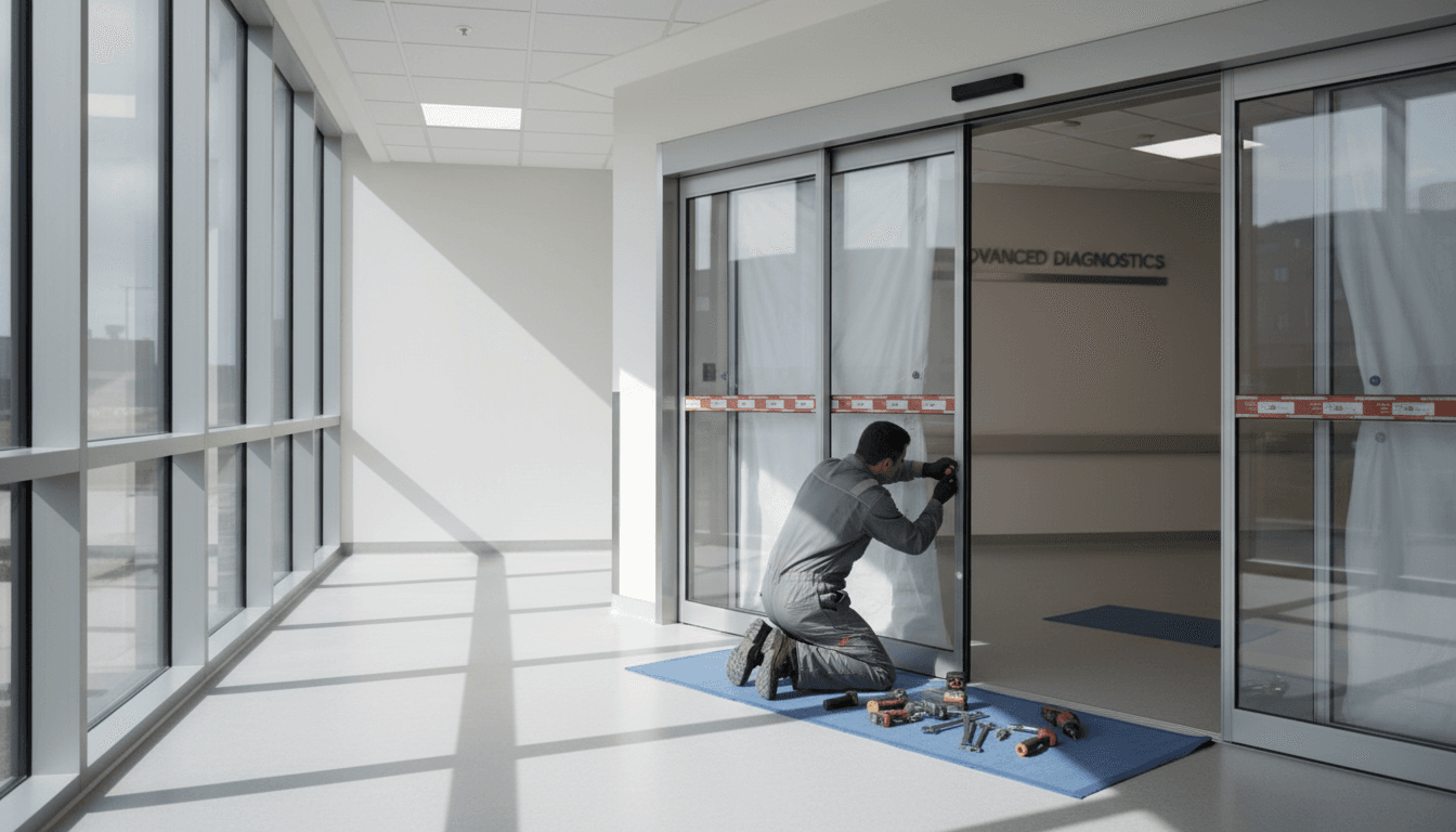 Technicien installant une porte coulissante automatique dans un couloir médical