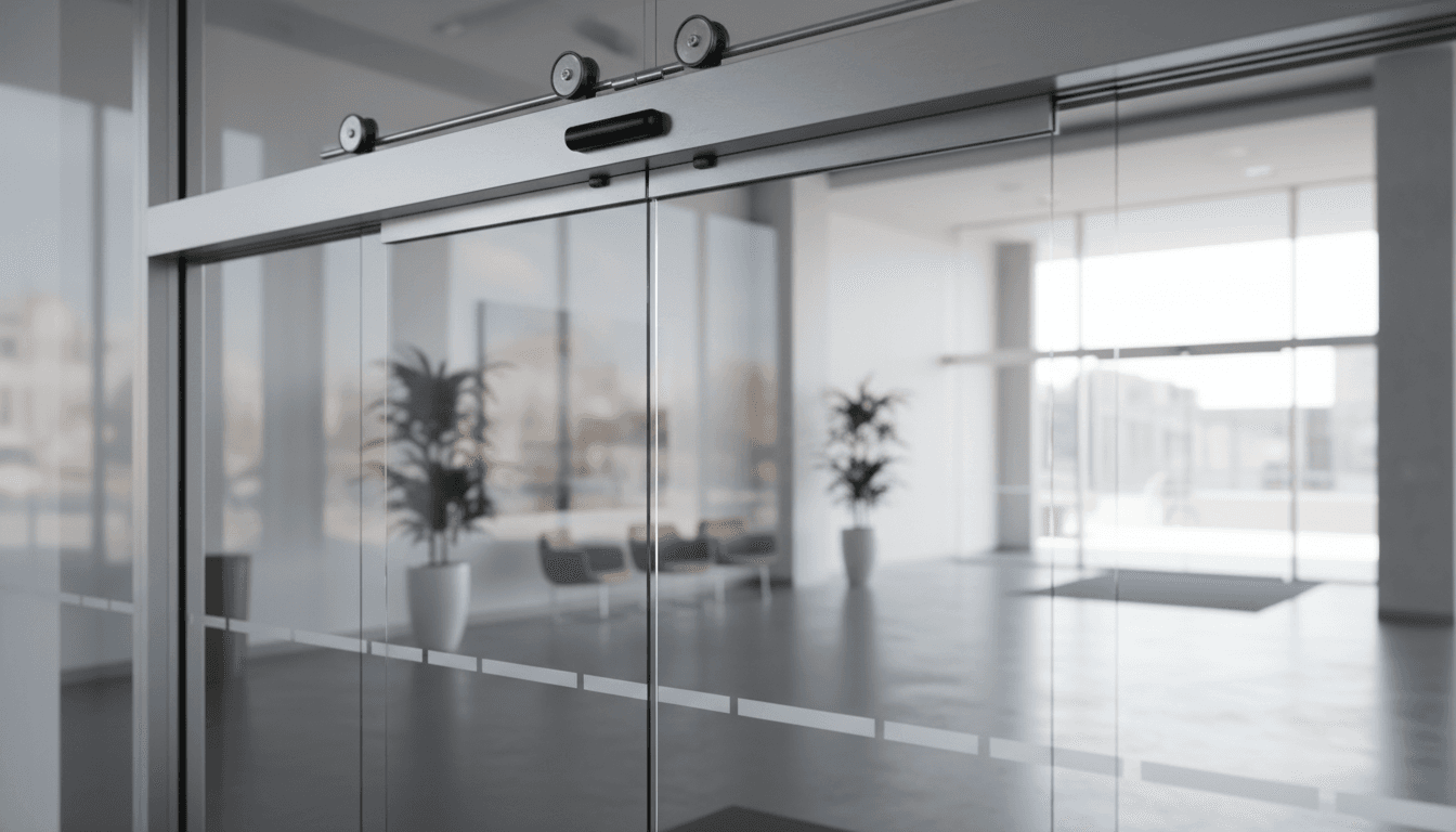 Porte coulissante automatique vitrée à l'entrée d'un bâtiment commercial