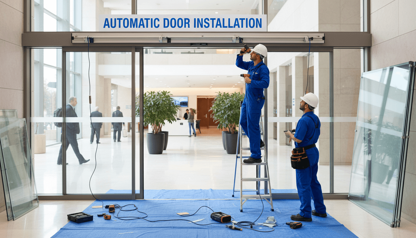Technicien installant un mécanisme de porte automatique
