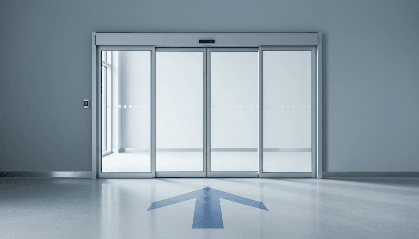 Porte coulissante automatique vitrée installée sur un site commercial