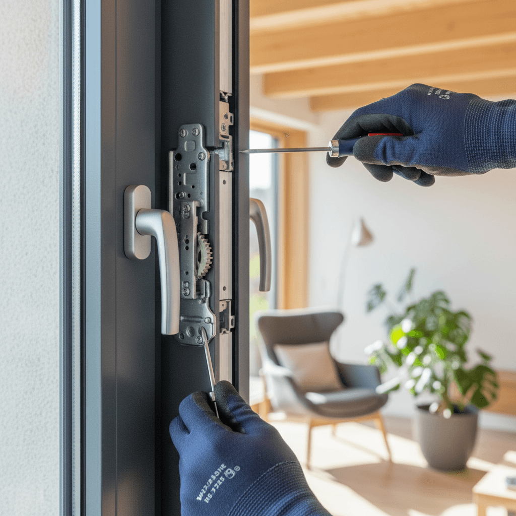 Technicien ajustant une porte coulissante hermétique en verre