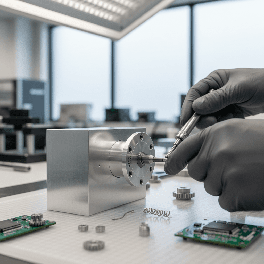 Technicien réglant une porte coulissante automatique