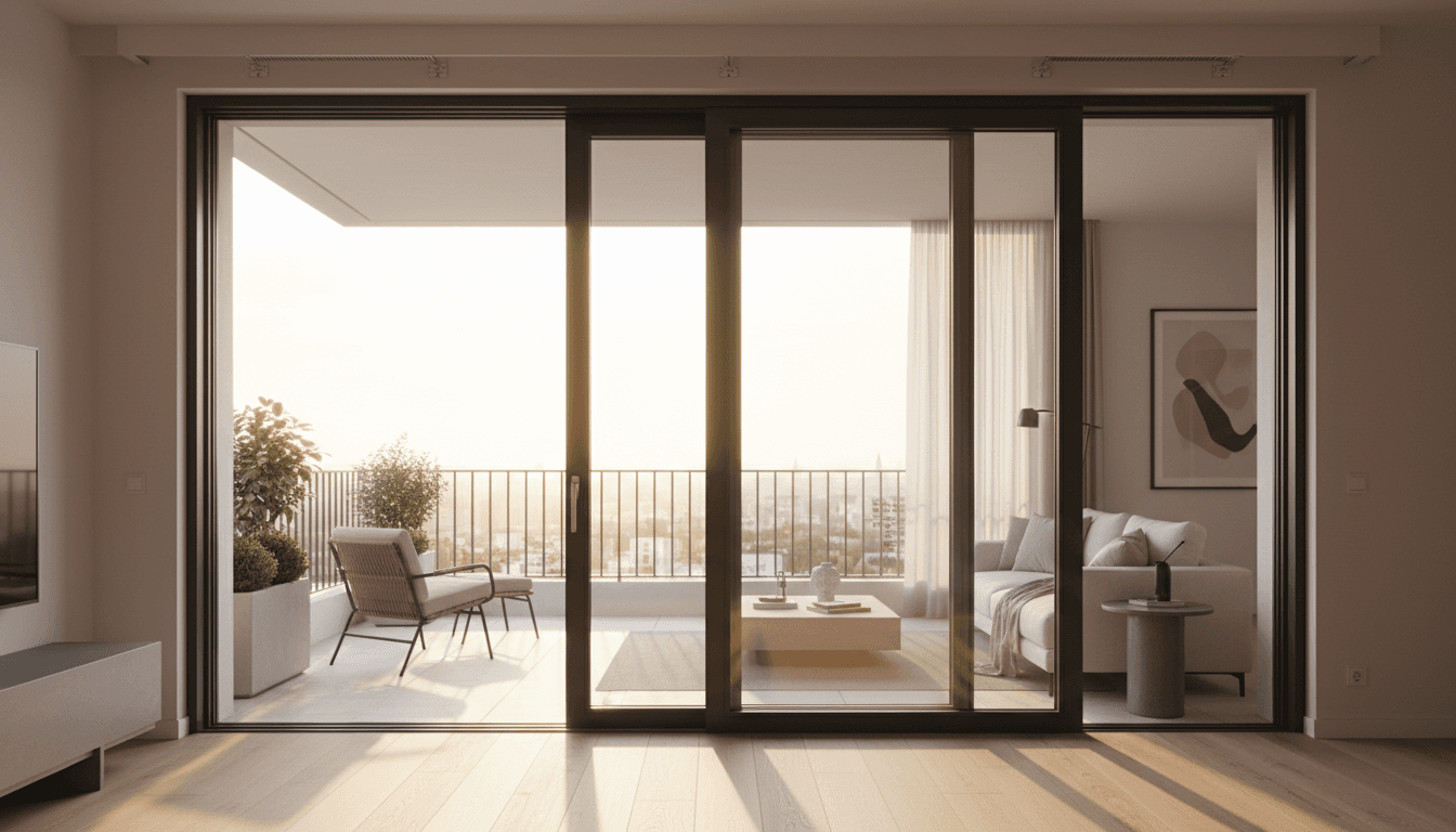 Installateur ajustant le rail d'une porte coulissante automatique en verre dans un bâtiment moderne